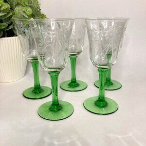 Set of 5 Vintage Etched Green Stem Cordial Brandy Glasses Vintage Barware